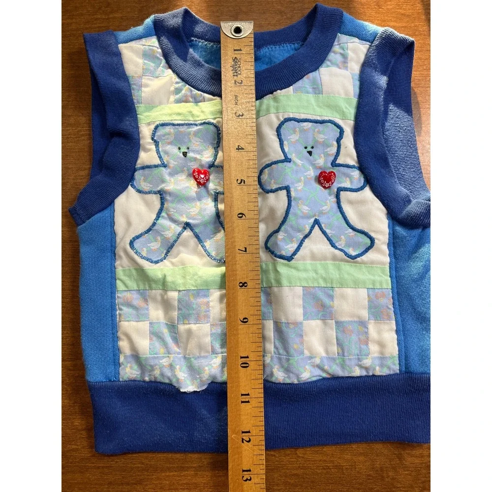 Vintage Handmade Quilted Vest‎ Baby Toddler Blue Teddy Bear Applique Sleeveless